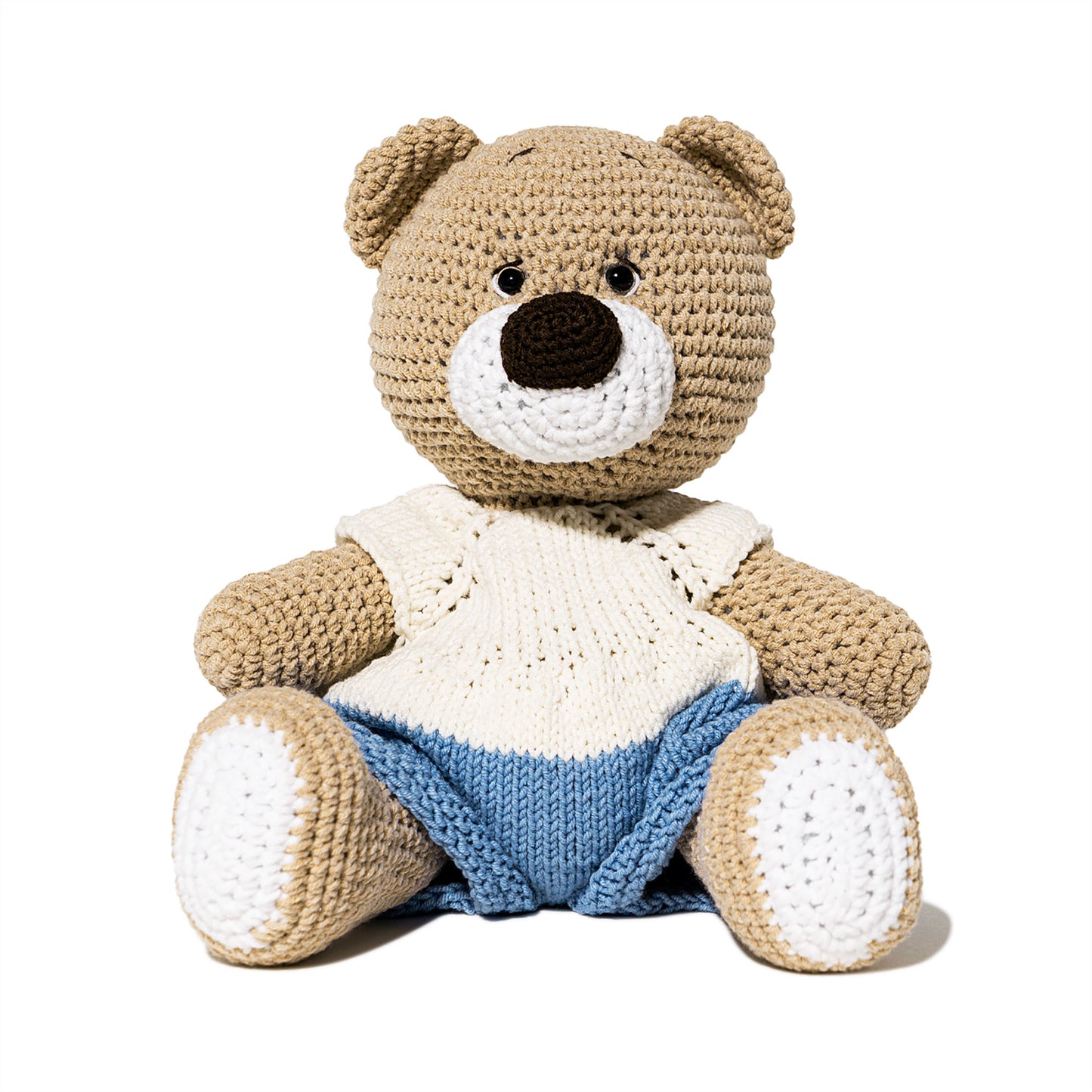 White/Blue Lulibears Archook Crochet Teddy Bears. Handmade stuffed animal, puppy, knit by hand.