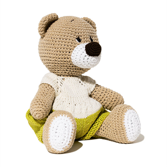 White/Green Lulibears Archook Crochet Teddy Bears. Handmade stuffed animal, puppy, knit by hand.