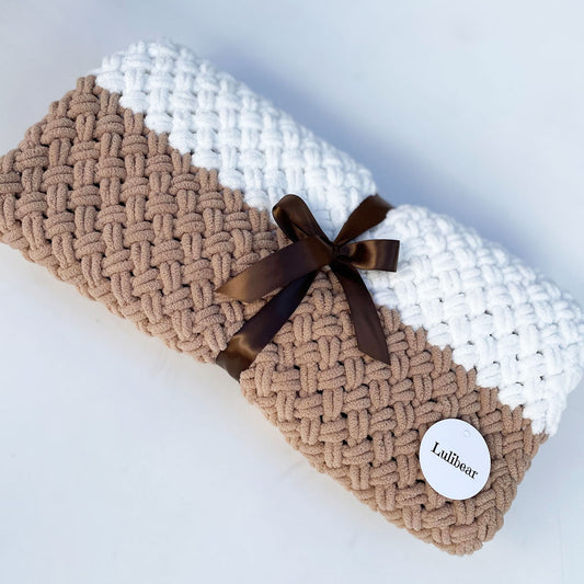 Brown/white Lulibear blankets. Handmade 2 ft 6 in x 3 ft / Knitted Throws Lightweight Blanket | Knitted Blanket | Sofa Blanket | Bedding